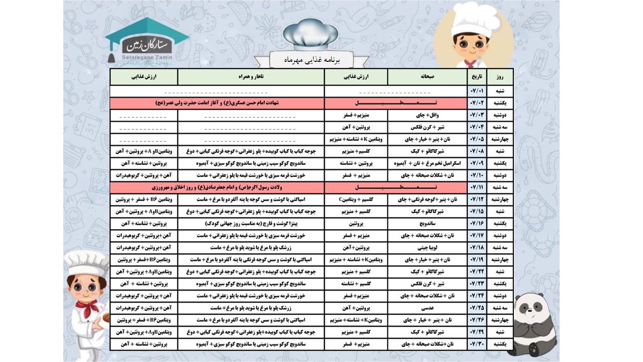 برنامه غذایی مهرماه 1403-1402