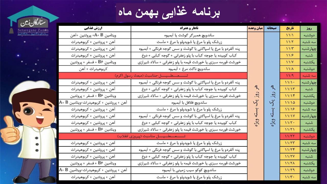 برنامه غذایی بهمن ماه
