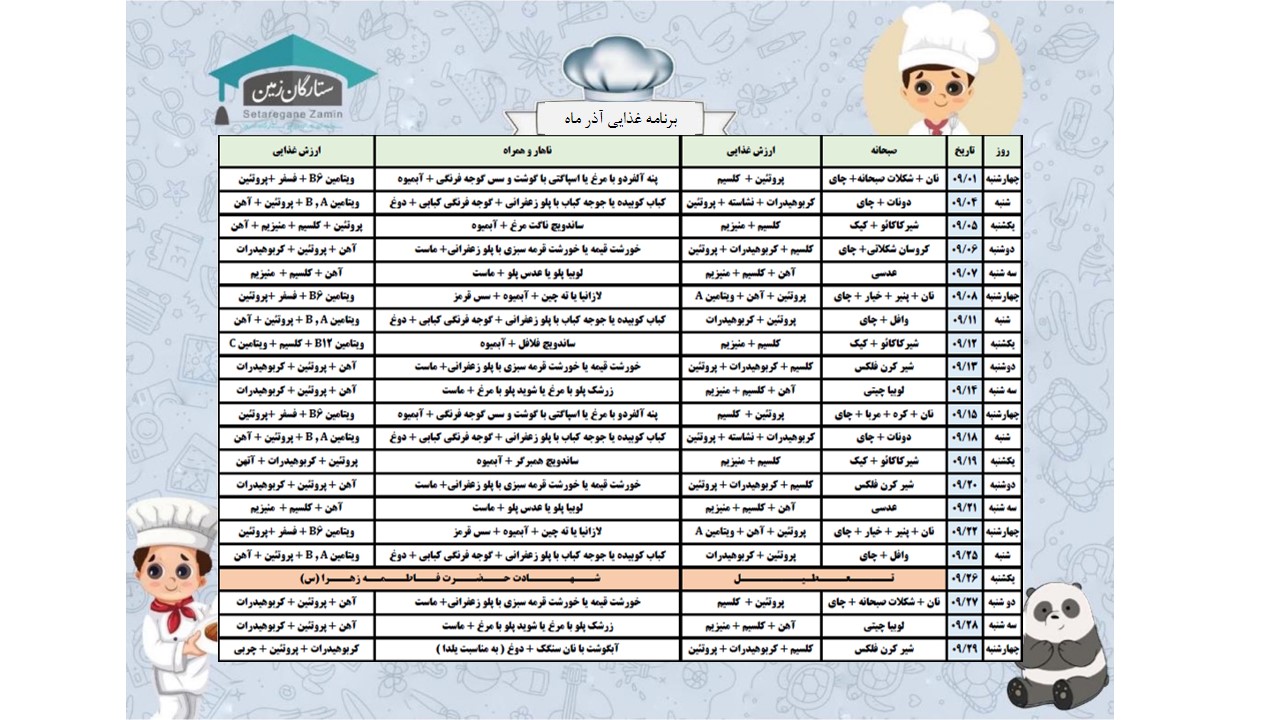 برنامه غذایی آذر ماه
