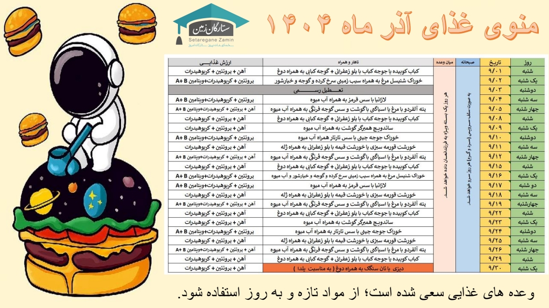 منوی نهار آذر ۱۴۰۴